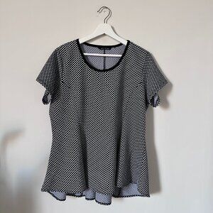 Marc Cain Polka Dot Mesh Top Black White Flared Short Sleeve Size 40 US 8